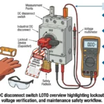 ** DC disconnect switch LOTO overview showing lockout device, meter verification, and PPE - **Caption:** Figure 0. DC disconnect switch LOTO overview highlighting lockout hardware, voltage verification, and maintenance safety workflow.