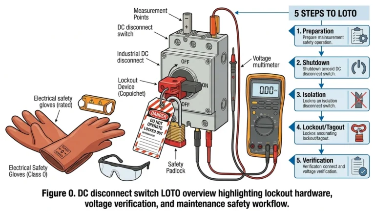 ** DC disconnect switch LOTO overview showing lockout device, meter verification, and PPE - **Caption:** Figure 0. DC disconnect switch LOTO overview highlighting lockout hardware, voltage verification, and maintenance safety workflow.