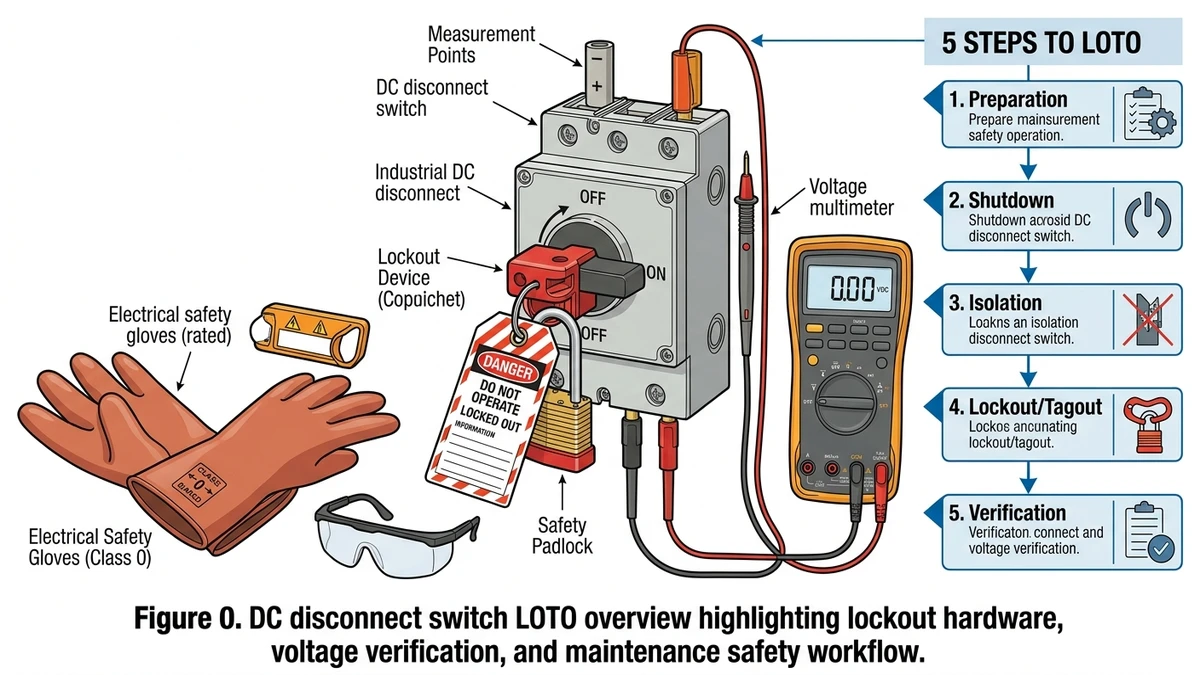 ** DC disconnect switch LOTO overview showing lockout device, meter verification, and PPE - **Caption:** Figure 0. DC disconnect switch LOTO overview highlighting lockout hardware, voltage verification, and maintenance safety workflow.