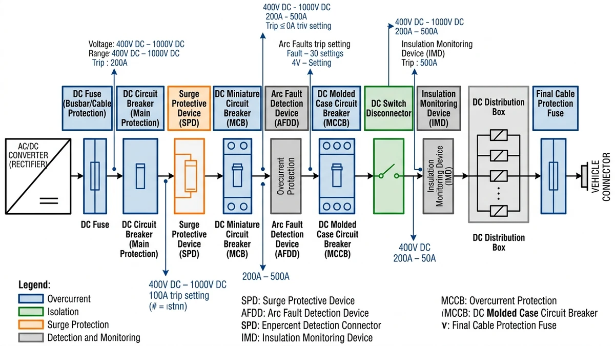 DC protection components for EV charging stations shown in a 10-device sequence - Caption: Figure 1. Protection chain schematic showing ten coordinated DC devices from converter output to vehicle connector. - Suggested aspect ratio: 16:9
