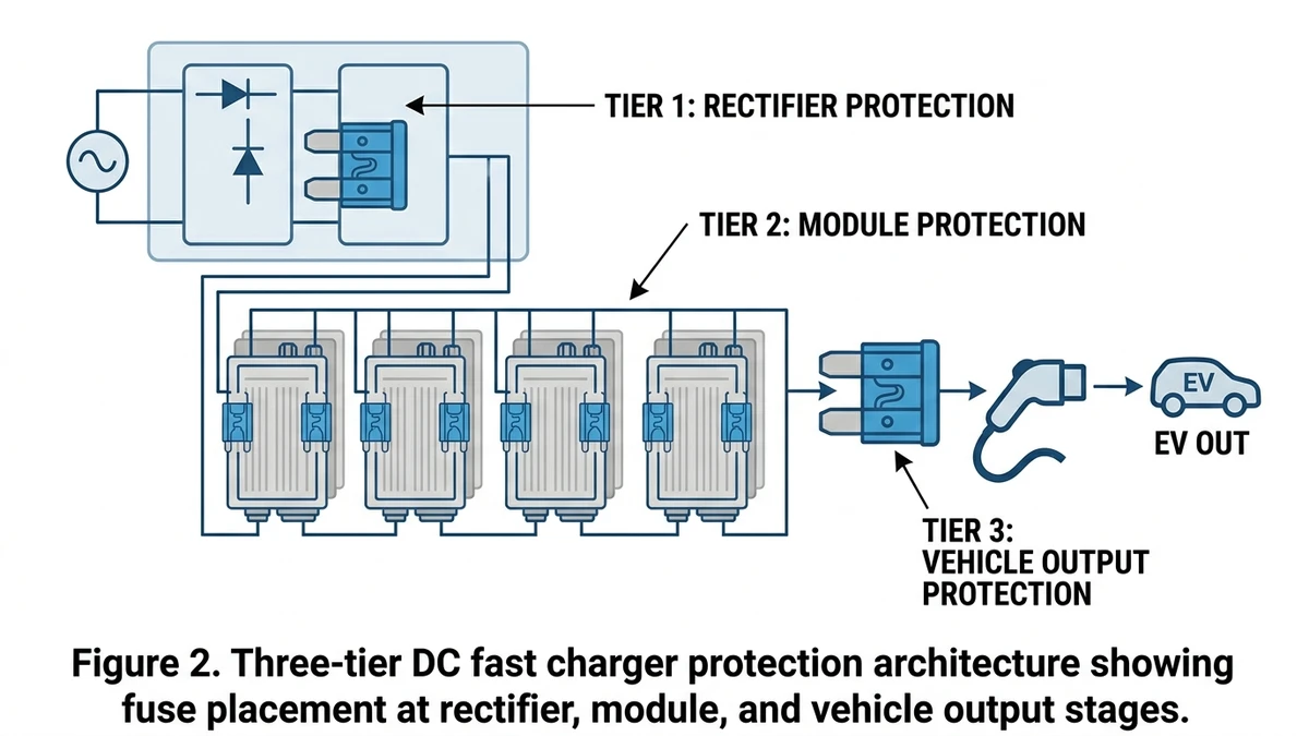 ** DC fuse protection architecture in fast charger showing three coordinated protection tiers - **Caption:** Figure 2. Three-tier DC fast charger protection architecture showing fuse placement at rectifier, module, and vehicle output stages. - **Suggested aspect ratio:** 16:9
