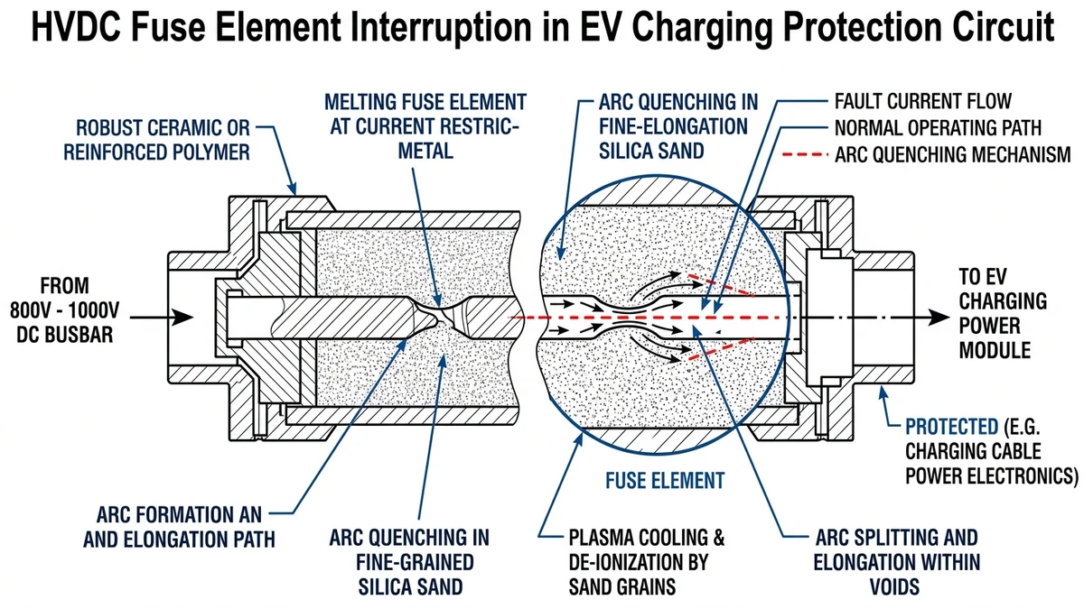 ** DC fuse for EV charging showing sand quenching media and sustained arc path - **Caption:** Figure 1. Cross-section of an EV charging DC fuse showing quartz sand quenching media and fault arc elongation under 800–1000 VDC conditions. - **Suggested aspect ratio:** 16:9