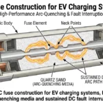 ** DC fuse for EV charging systems cross-section showing quartz sand and arc path - **Caption:** Figure 0. DC fuse construction for EV charging systems, highlighting arc-quenching media and sustained DC fault interruption.