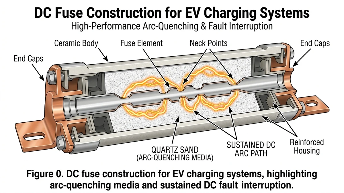 ** DC fuse for EV charging systems cross-section showing quartz sand and arc path - **Caption:** Figure 0. DC fuse construction for EV charging systems, highlighting arc-quenching media and sustained DC fault interruption.