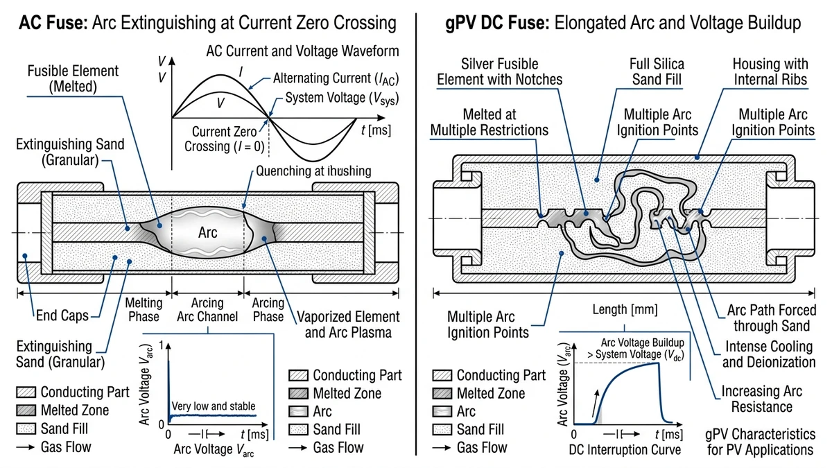 ** DC fuse failure comparison showing AC zero crossing and gPV arc interruption - **Caption:** Figure 1. AC and gPV fuse cross-sections show why DC arc interruption requires internal voltage buildup above system voltage. - **Suggested aspect ratio:** 16:9