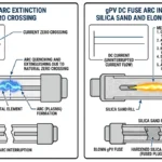 ** DC fuse failure in solar installations comparing AC fuse and gPV arc interruption - **Caption:** Figure 1. AC versus gPV DC fuse interruption behavior in high-voltage solar string circuits.