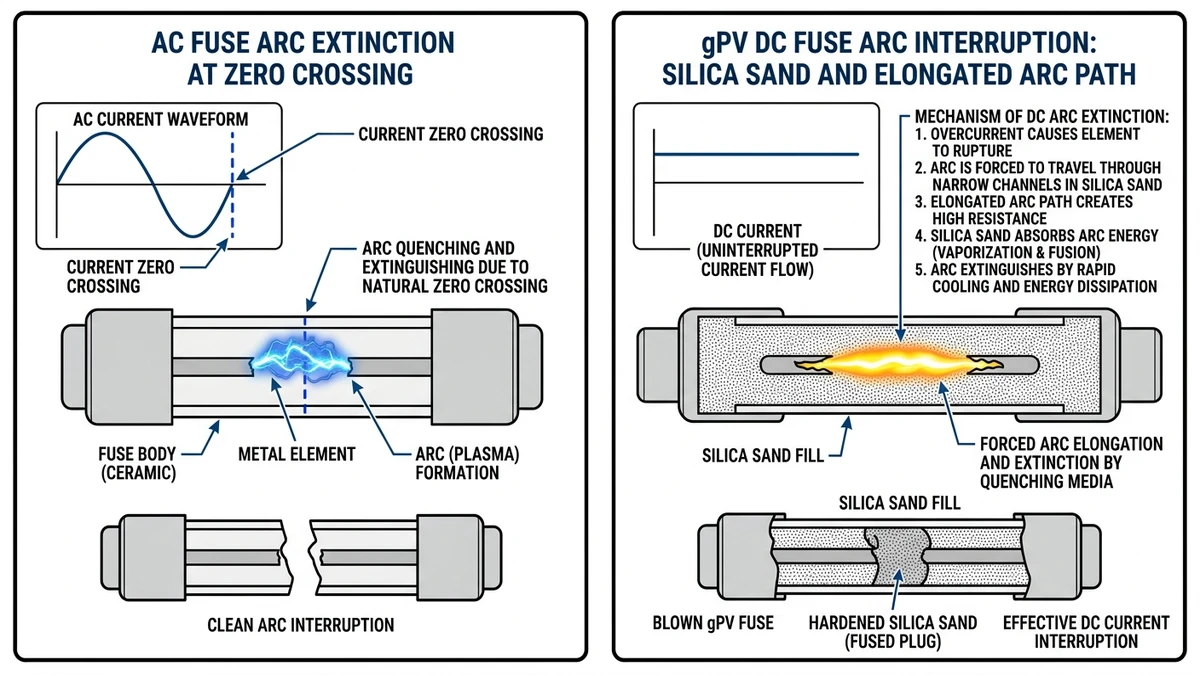 ** DC fuse failure in solar installations comparing AC fuse and gPV arc interruption - **Caption:** Figure 1. AC versus gPV DC fuse interruption behavior in high-voltage solar string circuits.