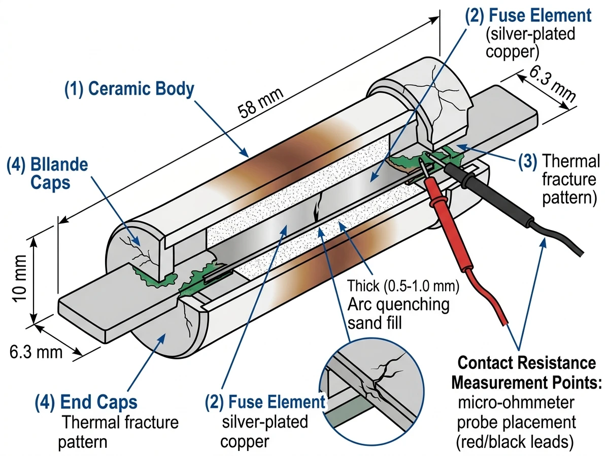 ** `GPV-type DC fuse cutaway showing ceramic body, silver-plated copper element, blade contacts, and common failure points for visual inspection and resistance testing