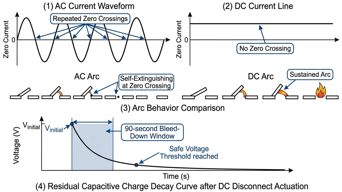 ** DC disconnect switch LOTO diagram comparing AC zero crossing and DC arc persistence - **Caption:** Figure 1. AC zero crossings help extinguish arcs, while DC systems can sustain arcing and residual charge after isolation. - **Suggested aspect ratio:** 16:9