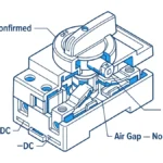 DC isolator switch cutaway diagram showing open contact gap and rotary handle in OFF position