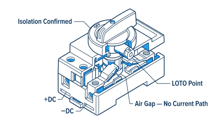 DC isolator switch cutaway diagram showing open contact gap and rotary handle in OFF position