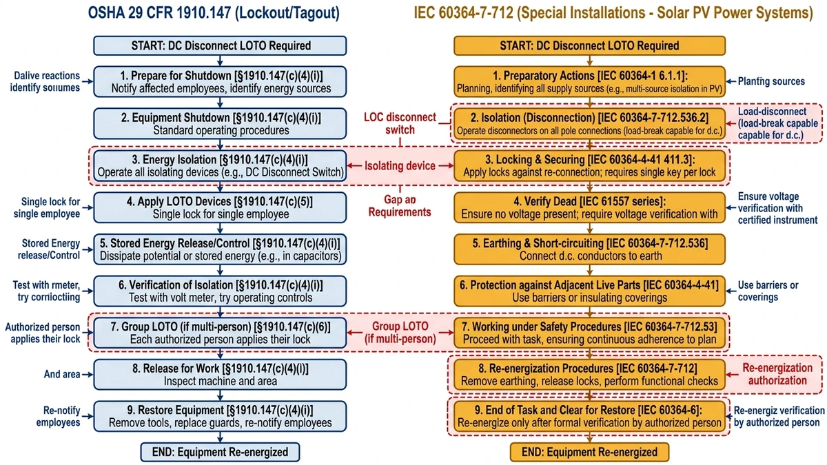 ** DC lockout tagout compliance diagram comparing OSHA and IEC verification requirements - **Caption:** Figure 3. OSHA and IEC checkpoints overlap on hazardous energy control but diverge on numeric DC verification requirements. - **Suggested aspect ratio:** 16:9