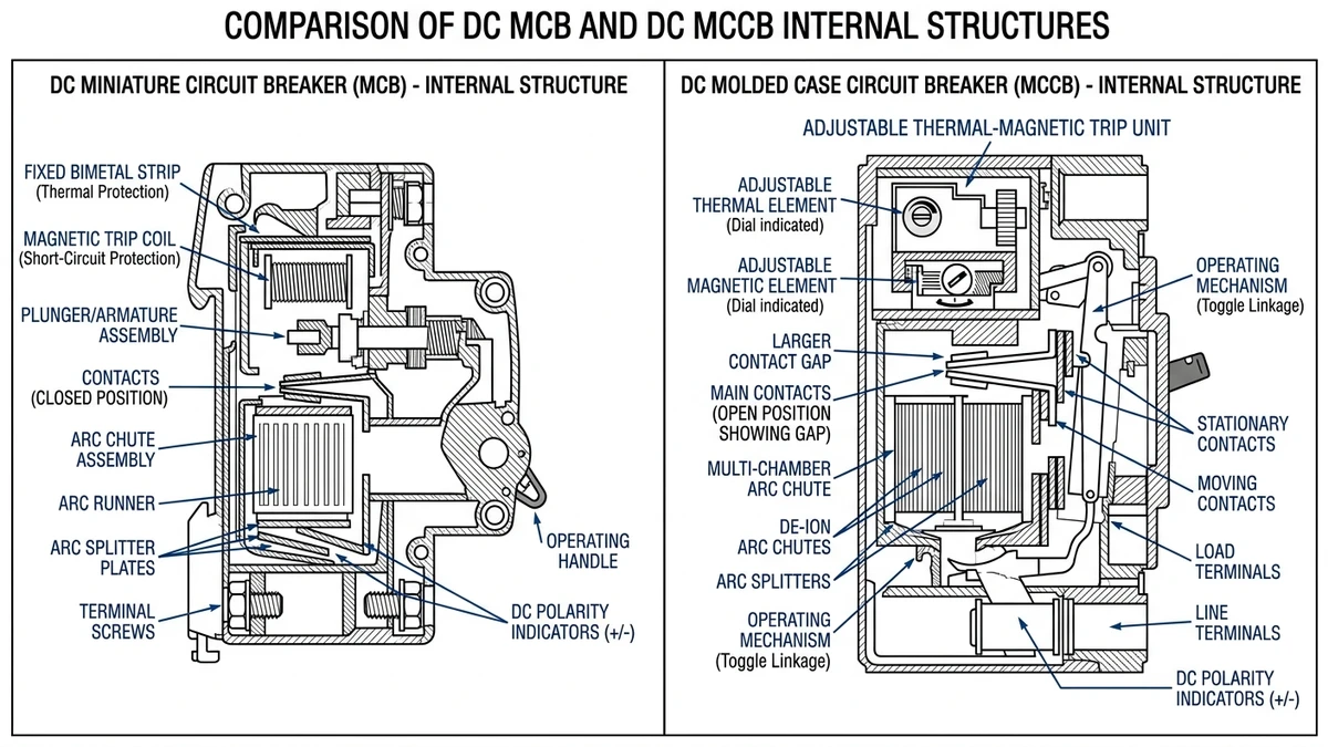 ** ESS DC circuit breaker comparison showing MCB and MCCB structures and ratings - **Caption:** Figure 2. DC MCB and DC MCCB comparison highlighting internal construction, trip behavior, and ESS application levels. - **Suggested aspect ratio:** 16:9
