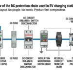DC protection components for EV charging stations shown in a labeled system overview - Caption: Figure 0. Overview of the DC protection chain used in EV charging station architectures.