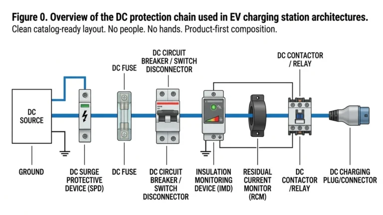 DC protection components for EV charging stations shown in a labeled system overview - Caption: Figure 0. Overview of the DC protection chain used in EV charging station architectures.