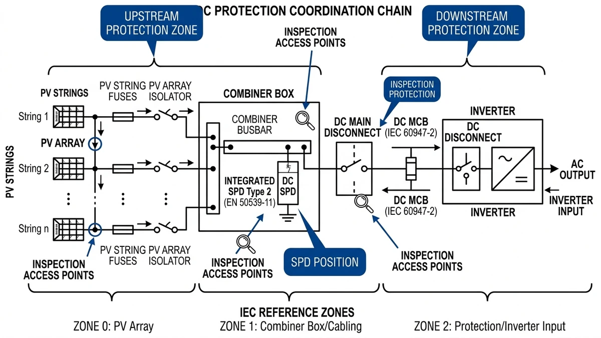 DC SPD coordination chain showing combiner box, breaker, and inverter protection - Caption: Figure 4. DC protection coordination layout showing SPD placement within PV string and inverter circuits. - Suggested aspect ratio: 16:9