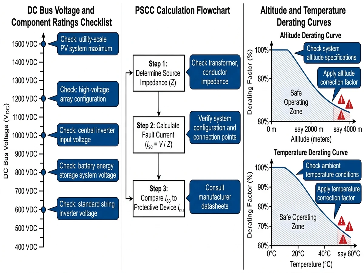 DC protection selection checklist covering voltage, PSCC, and derating for EV chargers - Caption: Figure 4. Selection checklist linking voltage class, fault current, and environmental derating to device specification. - Suggested aspect ratio: 4:3