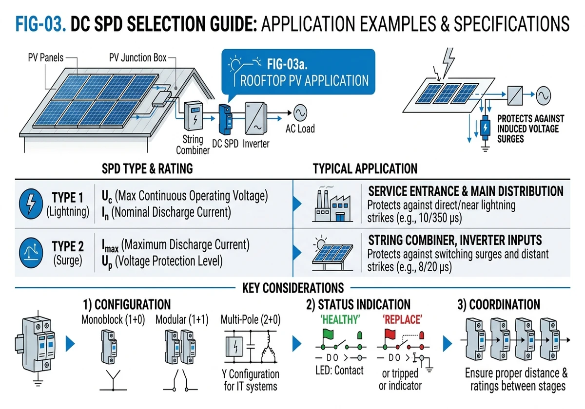 ** `3-pole DC SPD wiring diagram showing common mode and differential mode surge protection paths for solar PV inverter systems