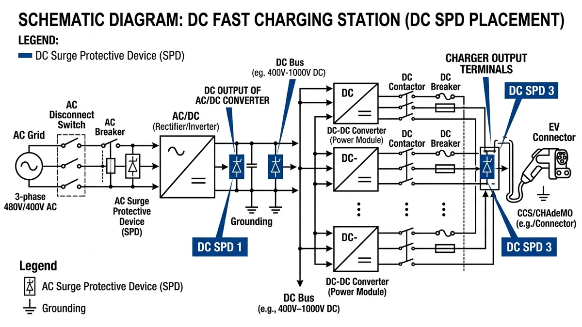 ** DC SPD for EV charging diagram showing placement, Uc, Up, and In - **Caption:** Figure 1. Recommended DC SPD locations in EV fast chargers include converter output, DC bus, and outlet terminals. - **Suggested aspect ratio:** 16:9