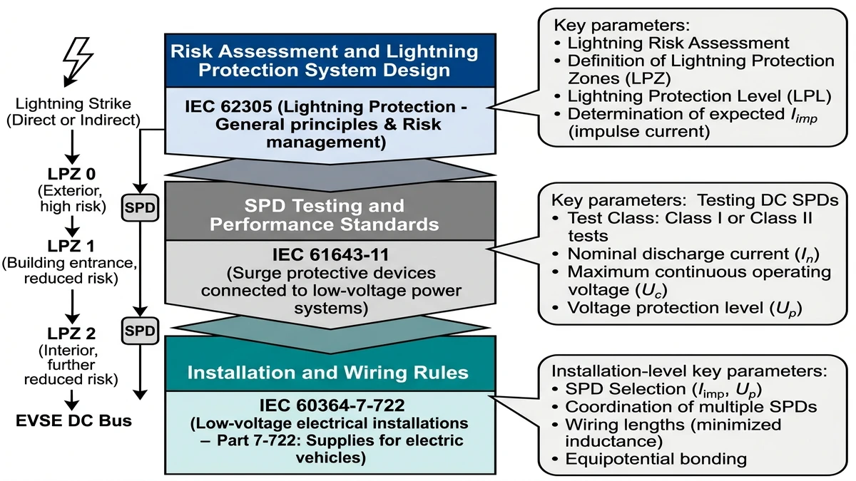 ** DC SPD standards framework for EV charging showing IEC layers and parameters - **Caption:** Figure 4. IEC 62305, IEC 61643-11, and IEC 60364-7-722 form a layered compliance framework for DC SPD specification. - **Suggested aspect ratio:** 4:3