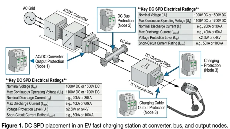 ** DC SPD for EV charging station showing protection points and key electrical ratings - **Caption:** Figure 1. DC SPD placement in an EV fast charging station at converter, bus, and output nodes.