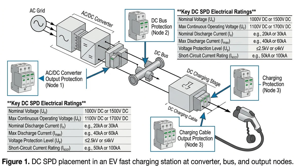 ** DC SPD for EV charging station showing protection points and key electrical ratings - **Caption:** Figure 1. DC SPD placement in an EV fast charging station at converter, bus, and output nodes.
