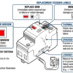 DC SPD replacement checklist showing failure indicators and field inspection callouts - Caption: Figure 1. DC SPD replacement overview highlighting visible fault indicators and key field inspection points.