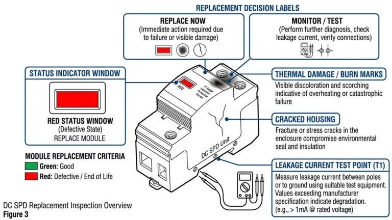 DC SPD replacement checklist showing failure indicators and field inspection callouts - Caption: Figure 1. DC SPD replacement overview highlighting visible fault indicators and key field inspection points.