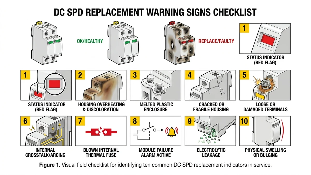 DC SPD replacement warning signs checklist with ten labeled failure indicators - Caption: Figure 1. Visual field checklist for identifying ten common DC SPD replacement indicators in service. - Suggested aspect ratio: 16:9