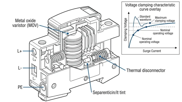 ** `DC surge protection device cutaway showing MOV varistor stack, thermal disconnector, and voltage clamping curve for solar PV systems