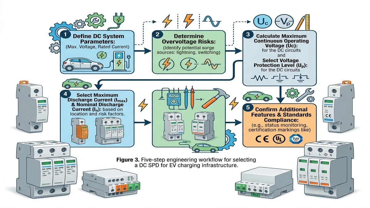 ** DC SPD selection flowchart for EV charging showing five engineering decision steps - **Caption:** Figure 3. Five-step engineering workflow for selecting a DC SPD for EV charging infrastructure. - **Suggested aspect ratio:** 4:3