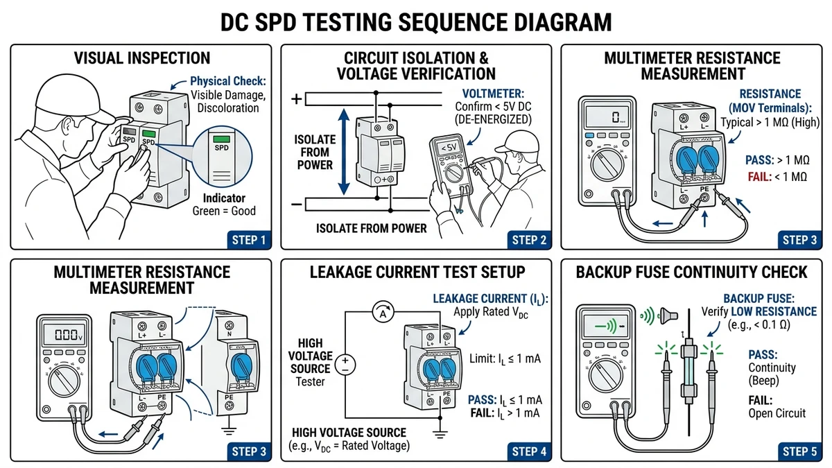 DC SPD testing sequence showing isolation, resistance, leakage, and fuse checks - Caption: Figure 2. Field test workflow for DC SPD diagnosis using visual, electrical, and continuity checks. - Suggested aspect ratio: 16:9