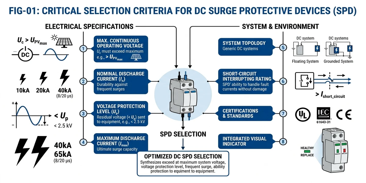 ** `DC SPD versus AC SPD internal schematic showing varistor stack, thermal disconnector, and arc extinction differences for photovoltaic systems