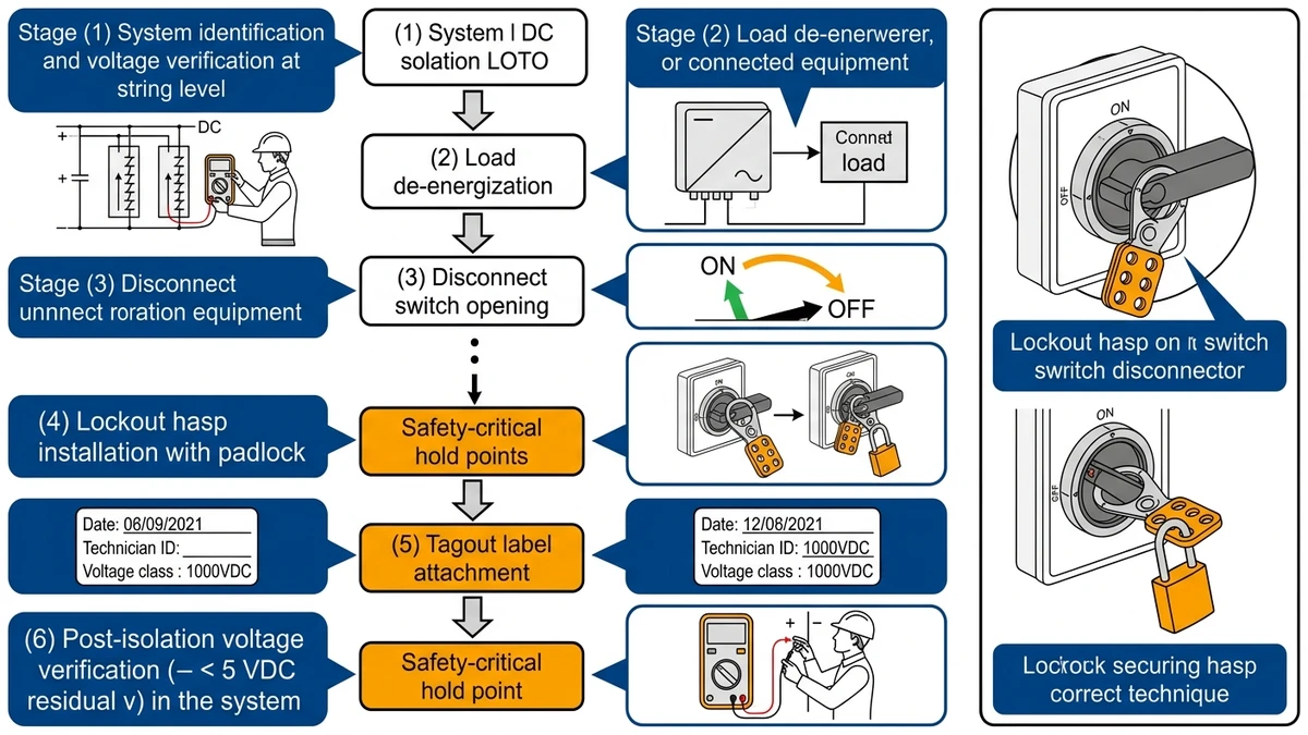 ** DC switch disconnector LOTO sequence showing handle lockout, tagout, and voltage verification - **Caption:** Figure 4. LOTO-ready DC switch disconnector sequence emphasizes lock placement, visible isolation, and post-isolation voltage confirmation. - **Suggested aspect ratio:** 4:3