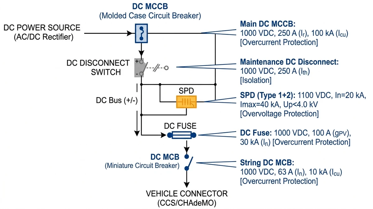 DC EV charger protection layout with MCB, MCCB, fuse, SPD, and isolator - Caption: Figure 2. Single-line layout of primary overcurrent and overvoltage protection in a 1000 VDC DCFC station. - Suggested aspect ratio: 16:9