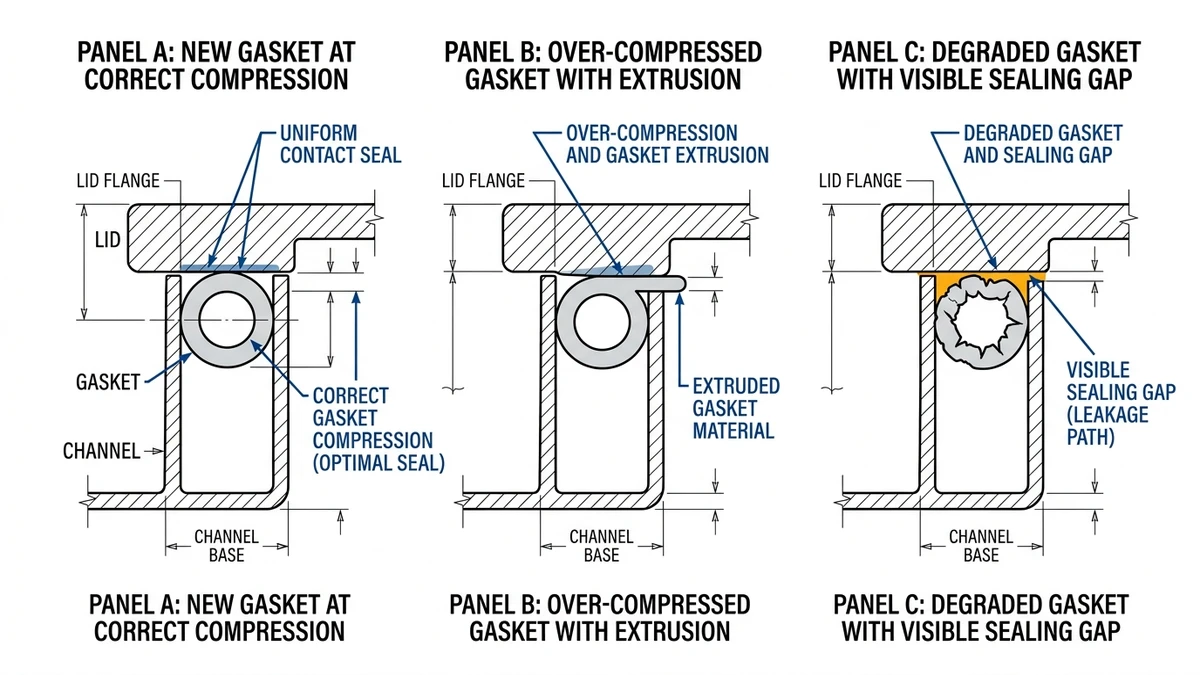 ** Distribution box gasket compression diagram showing new, over-compressed, and degraded seal states - **Caption:** Figure 2. Gasket compression state directly affects lid sealing force and water ingress resistance. - **Suggested aspect ratio:** 16:9