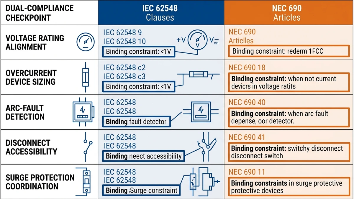 ** Dual compliance matrix for IEC 62548 and NEC 690 PV projects - **Caption:** Figure 4. A five-checkpoint matrix helps align IEC 62548 design criteria with NEC 690 installation requirements. - **Suggested aspect ratio:** 16:9