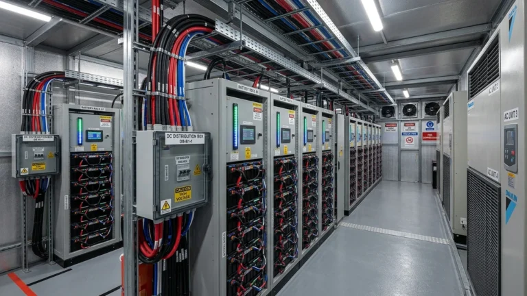 ESS container interior with battery racks and mounted DC distribution boxes showing professional cable management