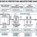** ESS DC protection diagram showing fuse, breaker, SPD, and isolator layers - **Caption:** Figure 1. Four-layer ESS DC protection stack showing coordinated roles for overcurrent, fault interruption, surge suppression, and safe isolation.