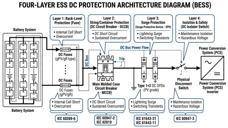 ** ESS DC protection diagram showing fuse, breaker, SPD, and isolator layers - **Caption:** Figure 1. Four-layer ESS DC protection stack showing coordinated roles for overcurrent, fault interruption, surge suppression, and safe isolation.