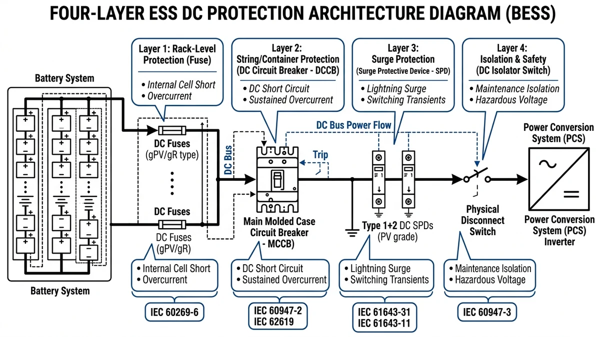 ** ESS DC protection diagram showing fuse, breaker, SPD, and isolator layers - **Caption:** Figure 1. Four-layer ESS DC protection stack showing coordinated roles for overcurrent, fault interruption, surge suppression, and safe isolation.