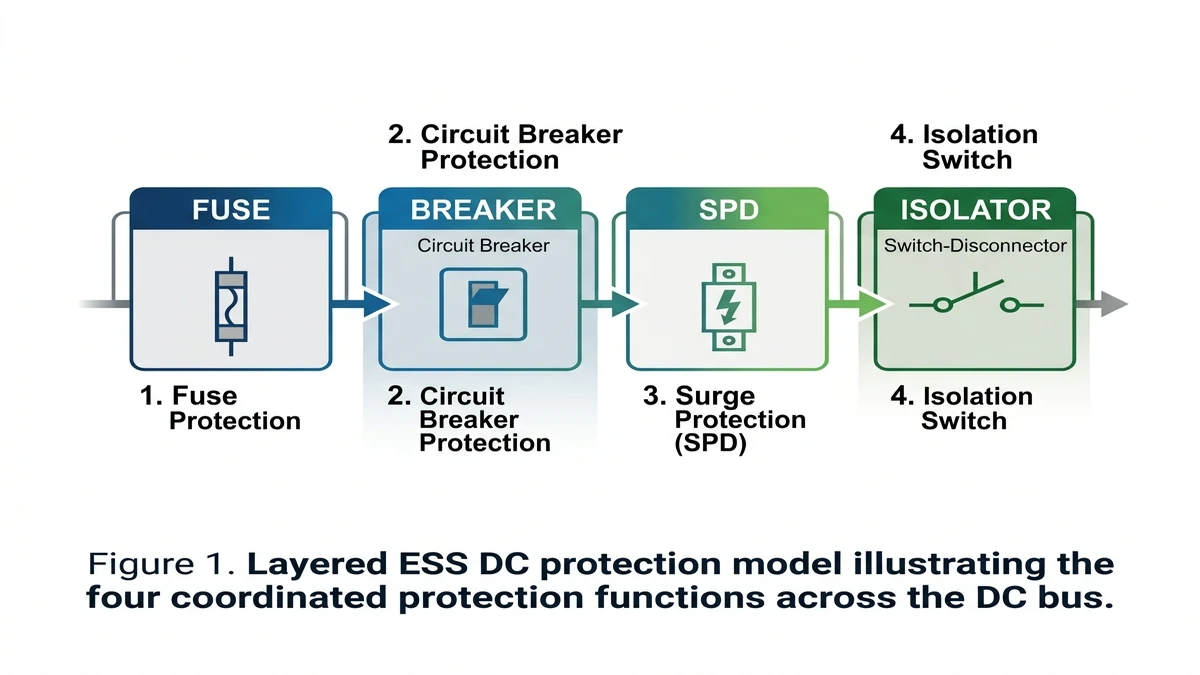 ** ESS DC protection layers showing fuse, breaker, SPD, and isolator sequence - **Caption:** Figure 1. Layered ESS DC protection model illustrating the four coordinated protection functions across the DC bus. - **Suggested aspect ratio:** 4:3
