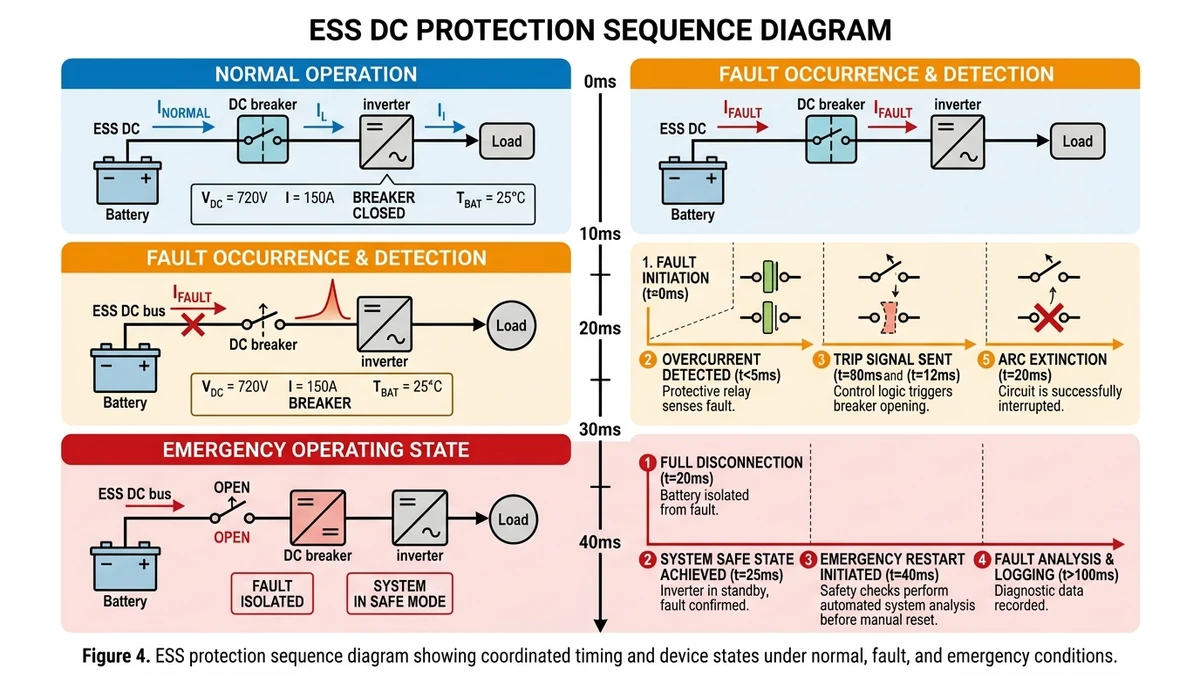 ** ESS DC protection sequence showing normal, fault, and emergency operating states - **Caption:** Figure 4. ESS protection sequence diagram showing coordinated timing and device states under normal, fault, and emergency conditions. - **Suggested aspect ratio:** 16:9