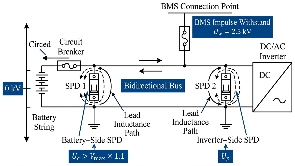 ** ESS DC protection SPD placement on bidirectional busbar with BMS protection - **Caption:** Figure 3. Recommended SPD placement on an ESS bidirectional DC busbar to limit residual surge voltage at sensitive controls. - **Suggested aspect ratio:** 16:9