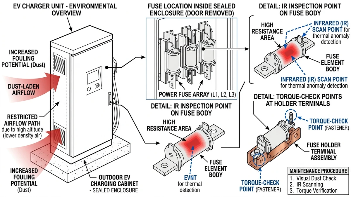 ** DC fuse inspection points in EV charging cabinet under harsh field conditions - **Caption:** Figure 3. Outdoor EV charging cabinet view highlighting DC fuse inspection points affected by altitude, dust, vibration, and thermal cycling. - **Suggested aspect ratio:** 4:3