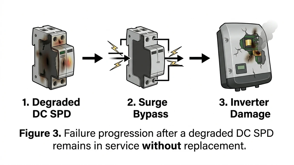 Failed DC SPD consequence chain showing surge bypass and inverter damage - Caption: Figure 3. Failure progression after a degraded DC SPD remains in service without replacement. - Suggested aspect ratio: 16:9