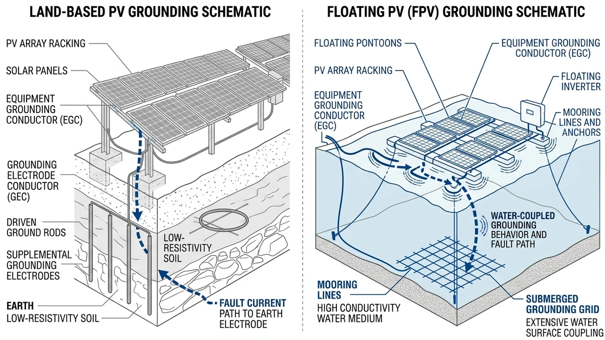 ** Floating solar SPD comparison showing land PV grounding versus FPV reference conditions - **Caption:** Figure 2. Comparison of land-based and FPV grounding conditions affecting SPD protection level and discharge behavior. - **Suggested aspect ratio:** 16:9