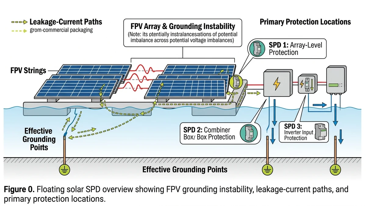 ** Floating solar SPD diagram showing FPV grounding, leakage paths, and surge protection points - **Caption:** Figure 0. Floating solar SPD overview showing FPV grounding instability, leakage-current paths, and primary protection locations.