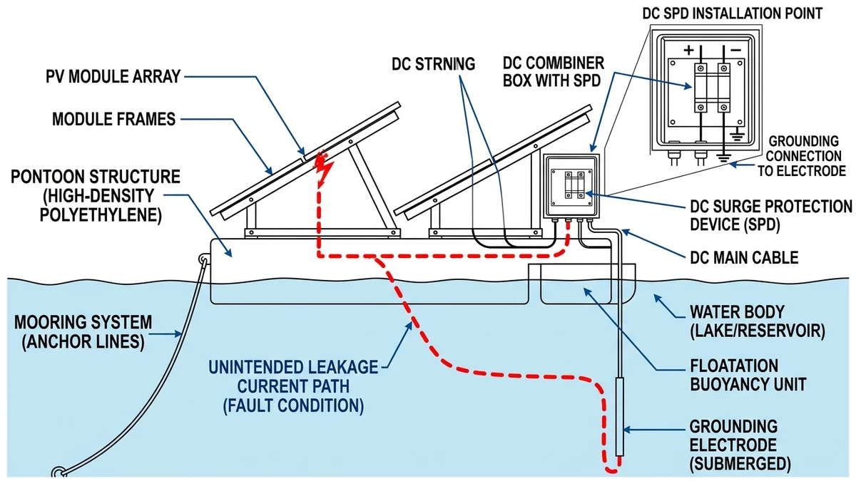 ** Floating solar SPD side view showing leakage current path and unstable bonding - **Caption:** Figure 1. FPV platform schematic illustrating unstable bonding continuity and leakage-current return through the water body. - **Suggested aspect ratio:** 16:9