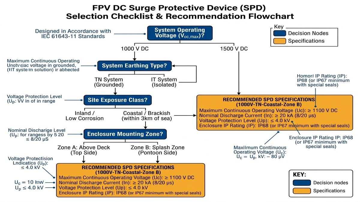 ** Floating solar SPD flowchart showing FPV voltage, grounding, exposure, and IP selection - **Caption:** Figure 4. FPV SPD selection flowchart linking system topology and exposure conditions to recommended device ratings. - **Suggested aspect ratio:** 4:3
